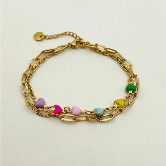 Gorgeous 2-in-1 Gold Plated Chain & Multi Candy Heart Charm Bracelet OS New - Picture 2 of 5